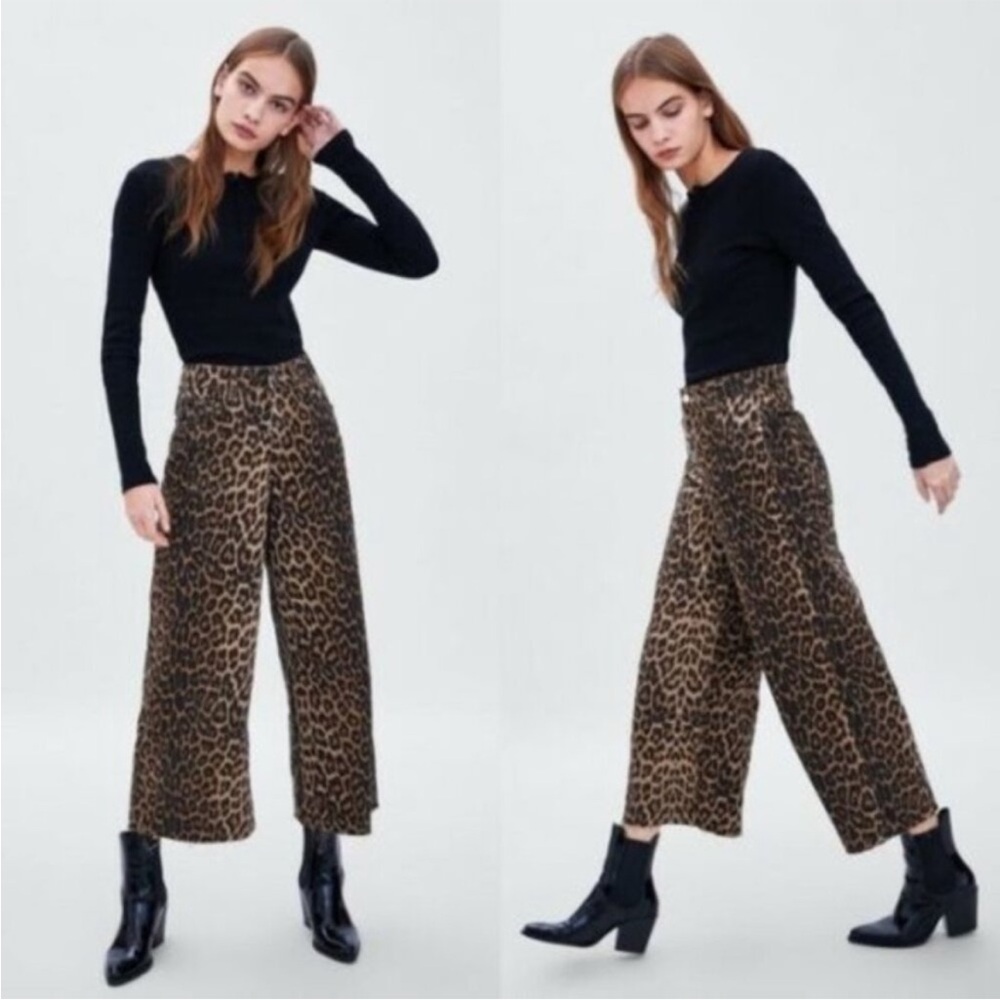 Zara Wide Leg Leopard Denim Pants